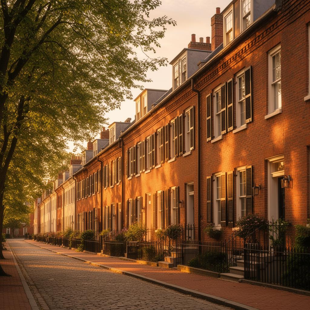Row of warm brick houses on a tree-lined street